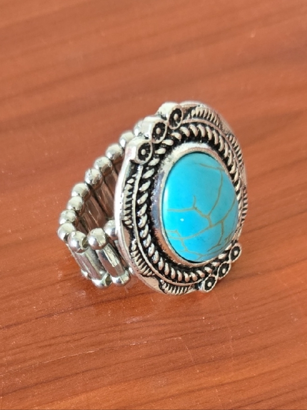Turquoise Stone Silver-Tone Boho Ring - Women Jewelry